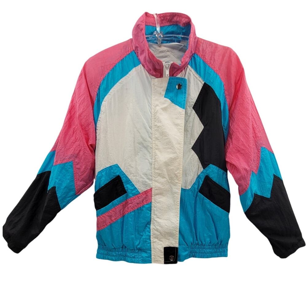 Vintage 80s Casual Club Color Block Windbreaker Pastel Retro Athleisure